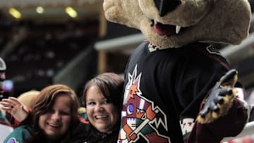 Mar 5, 2015; Glendale, AZ, USA; Arizona Coyotes mascot Howler poses with fans wearing retro uniforms before facing the Vancouver Canucks at Gila River Arena. Mandatory Credit: Joe Camporeale-USA TODAY Sports