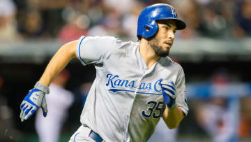 CLEVELAND, OH - SEPTEMBER 17: Eric Hosmer #35 of the Kansas City Royals rounds first base on an RBI double during the fifth inning against the Cleveland Indians at Progressive Field on September 17, 2015 in Cleveland, Ohio. (Photo by Jason Miller/Getty Images)