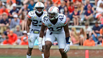 Auburn footballApr 18, 2015; Auburn, AL, USA; Auburn Tigers defensive lineman Gimel President (42) at the line of scrimmage during the spring game at Jordan-Hare Stadium. Mandatory Credit: Shanna Lockwood-USA TODAY Sports