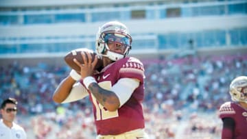 TALLAHASSEE, FL - OCTOBER 01: Deondre Francois #12 of the Florida State Seminoles practices before the game with the North Carolina Tar Heels at Doak Campbell Stadium on October 1, 2016 in Tallahassee, Florida. (Photo by Jeff Gammons/Getty Images)