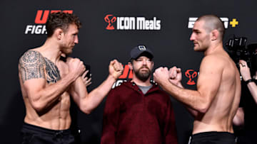 LAS VEGAS, NEVADA - FEBRUARY 04: (L-R) Opponents Jack Hermansson of Sweden and Sean Strickland face off during the UFC Fight Night weigh-in at UFC APEX on February 04, 2022 in Las Vegas, Nevada. (Photo by Chris Unger/Zuffa LLC)