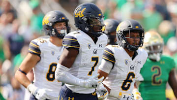 SOUTH BEND, INDIANA - SEPTEMBER 17: J. Michael Sturdivant #7 of the California Golden Bears celebrates a touchdown against the Notre Dame Fighting Irish during the first half at Notre Dame Stadium on September 17, 2022 in South Bend, Indiana. (Photo by Michael Reaves/Getty Images)