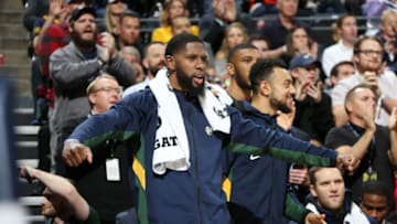 SALT LAKE CITY, UT - NOVEMBER 18: Royce O'Neale #23 of the Utah Jazz celebrates during the game against the Minnesota Timberwolves on November 18, 2019 at vivint.SmartHome Arena in Salt Lake City, Utah. NOTE TO USER: User expressly acknowledges and agrees that, by downloading and or using this Photograph, User is consenting to the terms and conditions of the Getty Images License Agreement. Mandatory Copyright Notice: Copyright 2019 NBAE (Photo by Melissa Majchrzak/NBAE via Getty Images)