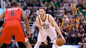 Mar 11, 2016; Salt Lake City, UT, USA; Utah Jazz forward Gordon Hayward (20) dribbles the ball as Washington Wizards guard Alan Anderson (6) defends during the second half at Vivint Smart Home Arena. The Jazz won 114-93. Mandatory Credit: Russ Isabella-USA TODAY Sports