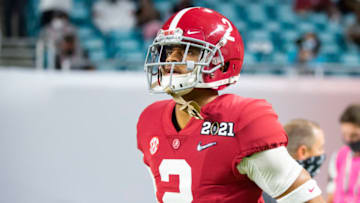Jan 11, 2021; Miami Gardens, Florida, USA; Alabama Crimson Tide defensive back Patrick Surtain II (2) against the Ohio State Buckeyes in the 2021 College Football Playoff National Championship Game. Mandatory Credit: Mark J. Rebilas-USA TODAY Sports