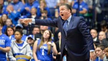Mar 13, 2016; Nashville, TN, USA; Kentucky Wildcats head coach John Calipari shouts during the first half of the championship game of the SEC tournament against Texas A&M Aggies at Bridgestone Arena. Mandatory Credit: Jim Brown-USA TODAY Sports