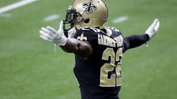 NEW ORLEANS, LOUISIANA - JANUARY 10: Chauncey Gardner-Johnson #22 of the New Orleans Saints runs onto the field ahead of the NFC Wild Card Playoff game against the Chicago Bears at Mercedes Benz Superdome on January 10, 2021 in New Orleans, Louisiana. (Photo by Chris Graythen/Getty Images)