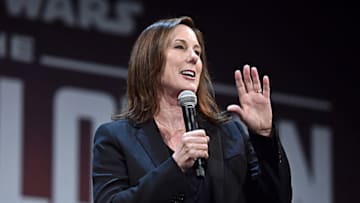 HOLLYWOOD, CALIFORNIA - NOVEMBER 13: Executive Producer Kathleen Kennedy speaks onstage at the premiere of Lucasfilm's first-ever, live-action series, "The Mandalorian," at the El Capitan Theatre in Hollywood, Calif. on November 13, 2019. "The Mandalorian" streams exclusively on Disney+. (Photo by Alberto E. Rodriguez/Getty Images for Disney)