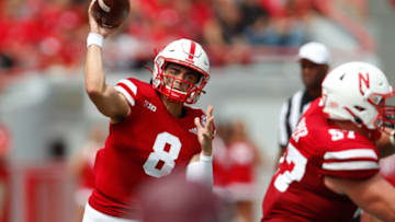 Sep 4, 2021; Lincoln, Nebraska, USA; Nebraska Cornhuskers quarterback Logan Smothers (8) throws against the Fordham Rams in the second half at Memorial Stadium. Mandatory Credit: Bruce Thorson-USA TODAY Sports