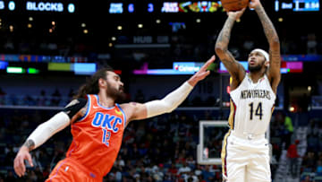 OKC Thunder trade deadline: Brandon Ingram of the New Orleans Pelicans shoots over Steven Adams of the Thunder. (Photo by Sean Gardner/Getty Images)