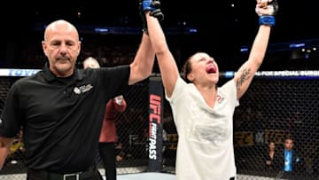 CALGARY, AB - JULY 28: Nina Ansaroff celebrates after her victory over Randa Markos of Iraq in their women's strawweight bout during the UFC Fight Night event at Scotiabank Saddledome on July 28, 2018 in Calgary, Alberta, Canada. (Photo by Jeff Bottari/Zuffa LLC/Zuffa LLC via Getty Images)