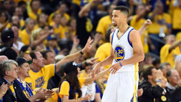Jun 13, 2016; Oakland, CA, USA; Golden State Warriors guard Stephen Curry (30) reacts to a play during the second quarter against the Cleveland Cavaliers in game five of the NBA Finals at Oracle Arena. Mandatory Credit: Bob Donnan-USA TODAY Sports