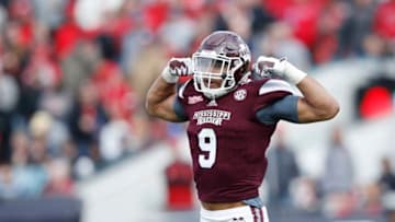 JACKSONVILLE, FL - DECEMBER 30: Montez Sweat #9 of the Mississippi State Bulldogs reacts after a tackle for loss against the Louisville Cardinals during the TaxSlayer Bowl at EverBank Field on December 30, 2017 in Jacksonville, Florida. The Bulldogs won 31-27. (Photo by Joe Robbins/Getty Images)