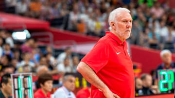 USA coach Gregg Popovich reacts during the Basketball World Cup classification game between the USA and Serbia in Dongguan on September 12, 2019. (Photo by Jayne Russell / AFP) (Photo credit should read JAYNE RUSSELL/AFP/Getty Images)