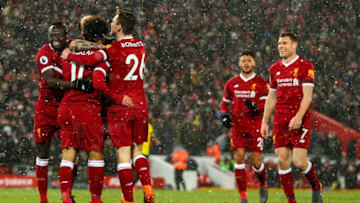 LIVERPOOL, ENGLAND - MARCH 17: Mohamed Salah of Liverpool celebrates after scoring a goal to make it 5-0 during the Premier League match between Liverpool and Watford at Anfield on March 17, 2018 in Liverpool, England. (Photo by Robbie Jay Barratt - AMA/Getty Images)