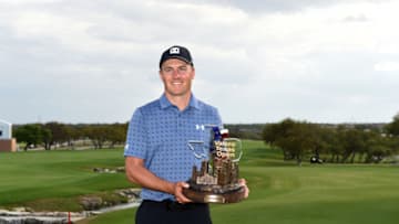 SAN ANTONIO, TEXAS - APRIL 04: Jordan Spieth poses with the trophy after putting in to win during the final round of Valero Texas Open at TPC San Antonio Oaks Course on April 04, 2021 in San Antonio, Texas. (Photo by Steve Dykes/Getty Images)