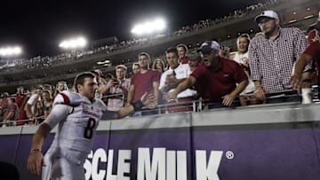 Sep 10, 2016; Fort Worth, TX, USA; Arkansas Razorbacks quarterback Austin Allen (8) celebrates with fans after the game against the TCU Horned Frogs at Amon G. Carter Stadium. Mandatory Credit: Kevin Jairaj-USA TODAY Sports