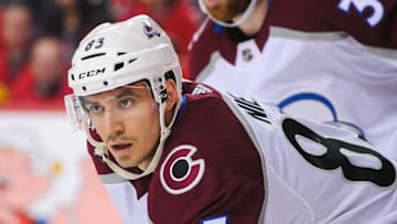 CALGARY, AB - APRIL 11: Matthew Nieto #83 of the Colorado Avalanche in action against the Calgary Flames in Game One of the Western Conference First Round during the 2019 NHL Stanley Cup Playoffs at Scotiabank Saddledome on March 15, 2019 in Calgary, Alberta, Canada. (Photo by Derek Leung/Getty Images)
