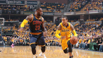 INDIANAPOLIS, IN - APRIL 20: Monta Ellis #11 of the Indiana Pacers handles the ball against the Cleveland Cavaliers during Game Three of the Eastern Conference Quarterfinals of the 2017 NBA Playoffs on April 20, 2017 at Bankers Life Fieldhouse in Indianapolis, Indiana. NOTE TO USER: User expressly acknowledges and agrees that, by downloading and/or using this photograph, user is consenting to the terms and conditions of the Getty Images License Agreement. Mandatory Copyright Notice: Copyright 2017 NBAE (Photo by Ron Hoskins/NBAE via Getty Images)
