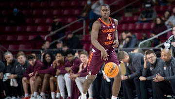 CHESTNUT HILL, MASSACHUSETTS - JANUARY 22: Nahiem Alleyne #4 of the Virginia Cavaliers dribbles the ball during a game against the Boston College Eagles at Conte Forum on January 22, 2022 in Chestnut Hill, Massachusetts. (Photo by Maddie Malhotra/Getty Images)