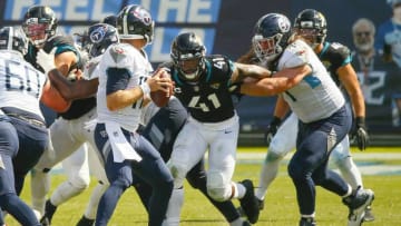 NASHVILLE, TENNESSEE - SEPTEMBER 20: Josh Allen #41 of the Jacksonville Jaguars rushes quarterback Ryan Tannehill #17 of the Tennessee Titans at Nissan Stadium on September 20, 2020 in Nashville, Tennessee. (Photo by Frederick Breedon/Getty Images)