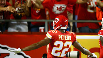 KANSAS CITY, MO - SEPTEMBER 17: Marcus Peters #22 of the Kansas City Chiefs celebrates after returning an interception for a touchdown against the Denver Broncos at Arrowhead Stadium on September 17, 2015 in Kansas City, Missouri. (Photo by Ronald Martinez/Getty Images)