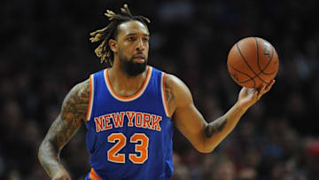 March 11, 2016; Los Angeles, CA, USA; New York Knicks forward Derrick Williams (23) moves the ball up court against Los Angeles Clippers during the first half at Staples Center. Mandatory Credit: Gary A. Vasquez-USA TODAY Sports