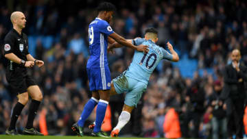 MANCHESTER, ENGLAND - DECEMBER 03: Nathaniel Chalobah of Chelsea and Sergio Aguero of Manchester City square off after Aguero's foul on David Luiz of Chelsea during the Premier League match between Manchester City and Chelsea at Etihad Stadium on December 3, 2016 in Manchester, England. (Photo by Laurence Griffiths/Getty Images)