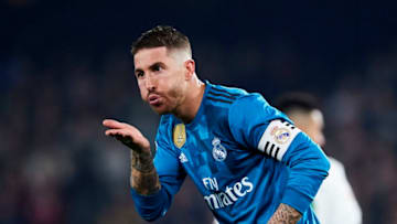 SEVILLE, SPAIN - FEBRUARY 18: Sergio Ramos of Real Madrid celebrates after scoring his team's second goal during the La Liga match between Real Betis and Real Madrid at Benito Villamrin stadium on February 18, 2018 in Seville, Spain. (Photo by Aitor Alcalde/Getty Images)