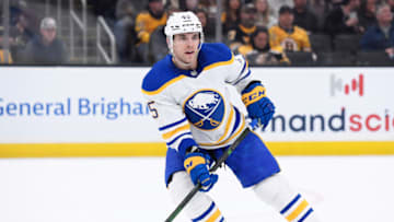 Apr 28, 2022; Boston, Massachusetts, USA; Buffalo Sabres defenseman Casey Fitzgerald (45) skates in the offensive during the second period against the Boston Bruins at TD Garden. Mandatory Credit: Bob DeChiara-USA TODAY Sports