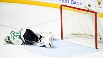 Mar 1, 2016; Nashville, TN, USA; Dallas Stars goalie Kari Lehtonen (32) on the ice after blocking a slap shot by Nashville Predators defenseman Shea Weber (not pictured) during the third period at Bridgestone Arena. Mandatory Credit: Christopher Hanewinckel-USA TODAY Sports