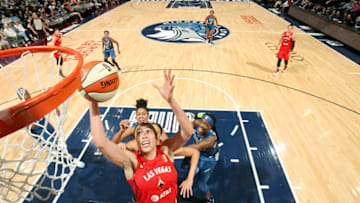 MINNEAPOLIS, MN- JUNE 16: Dearica Hamby #5 of the Las Vegas Aces shoots the ball against the Minnesota Lynx on June 16, 2019 at the Target Center in Minneapolis, Minnesota NOTE TO USER: User expressly acknowledges and agrees that, by downloading and or using this photograph, User is consenting to the terms and conditions of the Getty Images License Agreement. Mandatory Copyright Notice: Copyright 2019 NBAE (Photo by Jordan Johnson/NBAE via Getty Images)