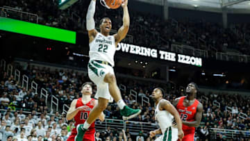 EAST LANSING, MI - NOVEMBER 19: Miles Bridges #22 of the Michigan State Spartans dunks during the game against the Stony Brook Seawolves at Breslin Center on November 19, 2017 in East Lansing, Michigan. (Photo by Rey Del Rio/Getty Images)