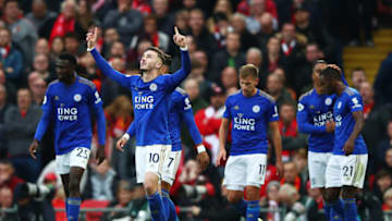 LIVERPOOL, ENGLAND - OCTOBER 05: James Maddison of Leicester City celebrates after scoring his team's first goal during the Premier League match between Liverpool FC and Leicester City at Anfield on October 05, 2019 in Liverpool, United Kingdom. (Photo by Clive Brunskill/Getty Images)