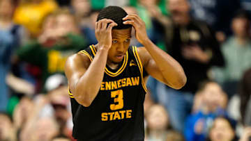 GREENSBORO, NORTH CAROLINA - MARCH 17: Chris Youngblood #3 of the Kennesaw State Owls looks dejected against Xavier Musketeers during the second half in the first round of the NCAA Men's Basketball Tournament at The Fieldhouse at Greensboro Coliseum on March 17, 2023 in Greensboro, North Carolina. (Photo by Jacob Kupferman/Getty Images)
