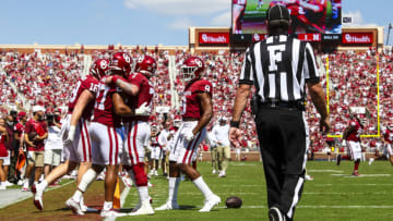 Sep 18, 2021; Norman, Oklahoma, USA; Oklahoma Sooners tight end Jeremiah Hall (27) celebrates with quarterback Spencer Rattler (7) after catching a touchdown during the third quarter against the Nebraska Cornhuskers at Gaylord Family-Oklahoma Memorial Stadium. Mandatory Credit: Kevin Jairaj-USA TODAY Sports