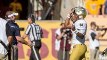 Nov 8, 2014; Tempe, AZ, USA; Notre Dame Fighting Irish quarterback Everett Golson (5) walks to the sideline after throwing an interception in the second quarter against the Arizona State Sun Devils at Sun Devil Stadium. Mandatory Credit: Matt Cashore-USA TODAY Sports