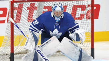 TORONTO, ON - DECEMBER 22: Frederik Andersen #31 of the Toronto Maple Leafs gets set to face a shot during warm-up prior to action against the New York Rangers in an NHL game at Scotiabank Arena on December 22, 2018 in Toronto, Ontario, Canada. The Maple Leafs defeated the Rangers 5-3. (Photo by Claus Andersen/Getty Images)