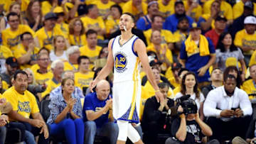 Jun 19, 2016; Oakland, CA, USA; Golden State Warriors guard Stephen Curry (30) reacts during the first quarter against the Cleveland Cavaliers in game seven of the NBA Finals at Oracle Arena. Mandatory Credit: Bob Donnan-USA TODAY Sports