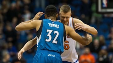 Feb 20, 2016; Minneapolis, MN, USA; New York Knicks forward Kristaps Porzingis (6) greets Minnesota Timberwolves center Karl-Anthony Towns (32) at Target Center. The Knicks defeated the Timberwolves 103-95. Mandatory Credit: Brace Hemmelgarn-USA TODAY Sports