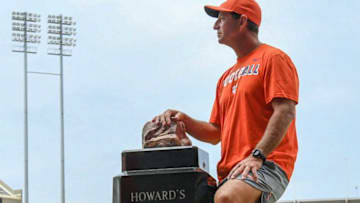 Clemson football coach Dabo Swinney at Howard's Rock in Memorial Stadium in Clemson.Clemson Football Camp Photo Day With Dabo