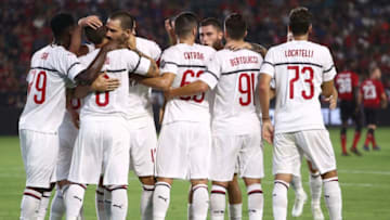 CARSON, CA - JULY 25: Leonardo Bonucci #19 and his AC Milan teammates celebrate with Suso #8 after Suso scored in the first half during the International Champions Cup 2018 match against the Manchester United at StubHub Center on July 25, 2018 in Carson, California. (Photo by Victor Decolongon/Getty Images)