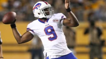 Aug 16, 2014; Pittsburgh, PA, USA; Buffalo Bills quarterback Thad Lewis (9) throws the ball against the Pittsburgh Steelers during the second half at Heinz Field. The Steelers won 19-16. Mandatory Credit: Jason Bridge-USA TODAY Sports