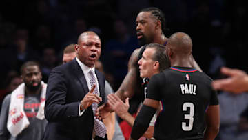 NEW YORK, NY - NOVEMBER 29: Head coach Doc Rivers of the Los Angeles Clippers argues with referee Ken Mauer