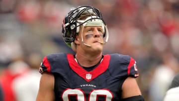 Sep 18, 2016; Houston, TX, USA; Houston Texans defensive end J.J. Watt (99) looks up at the scoreboard during the fourth quarter against the Kansas City Chiefs at NRG Stadium. Mandatory Credit: Erik Williams-USA TODAY Sports