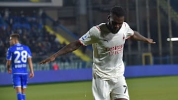 AC Milan's Ivorian midfielder Franck Kessie celebrates after opening the scoring during the Italian Serie A football match between Empoli and AC Milan on December 22, 2021 at the Carlo-Castellani stadium in Empoli. (Photo by Andreas SOLARO / AFP) (Photo by ANDREAS SOLARO/AFP via Getty Images)