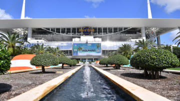 MIAMI GARDENS, FLORIDA - NOVEMBER 15: Tents and seats are set up outside the stadium prior to the game between the Los Angeles Chargers and the Miami Dolphins at Hard Rock Stadium on November 15, 2020 in Miami Gardens, Florida. (Photo by Mark Brown/Getty Images)