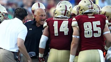 CHESTNUT HILL, MA - SEPTEMBER 16: Head coach Steve Addazio of the Boston College Eagles directs his team during the second half against the Notre Dame Fighting Irish at Alumni Stadium on September 16, 2017 in Chestnut Hill, Massachusetts. (Photo by Maddie Meyer/Getty Images)