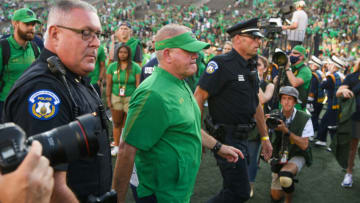 Sep 18, 2021; South Bend, Indiana, USA; Notre Dame Fighting Irish head coach Brian Kelly leaves the field after defeating the Purdue Boilermakers at Notre Dame Stadium. The win was his 105th as Notre Dame coach and tied Kelly for most wins at Notre Dame with Knute Rockne. Mandatory Credit: Matt Cashore-USA TODAY Sports