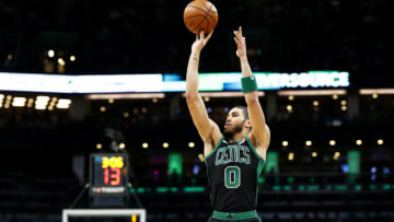 BOSTON, MASSACHUSETTS - MARCH 08: Jayson Tatum #0 of the Boston Celtics shoots during the third quarter of the game against the Oklahoma City Thunder at TD Garden on March 08, 2020 in Boston, Massachusetts. NOTE TO USER: User expressly acknowledges and agrees that, by downloading and or using this photograph, User is consenting to the terms and conditions of the Getty Images License Agreement. (Photo by Omar Rawlings/Getty Images)